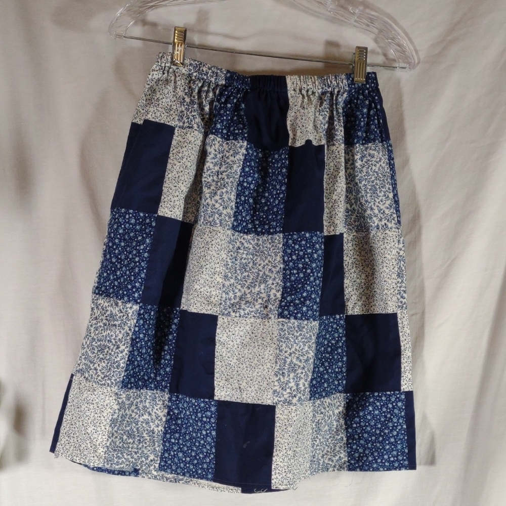 Vintage Handmade Blue & White Floral Patchwork A-Line Skirt - Size M - Picture 6 of 11